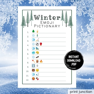 May include: A printable winter-themed emoji pictionary game with 12 lines and a list of emojis. The emojis include a snowman, ice skate, hockey stick, soccer ball, boxing glove, skateboard, axe, fire, bear, fishing rod, chocolate bar, and a crying face.