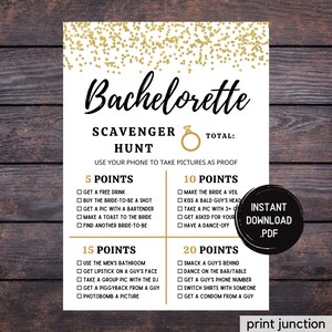 Gold Bachelorette Scavenger Hunt, Bachelorette Party Game Printable, Dirty Bachelorette Games, Instant Download, Photo Challenge