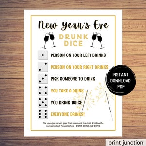 New Years Eve Drunk Dice Drinking Game, New Years Games, Holiday Party Games, Adult Party Games, Fun Drinking Games, Instant Download