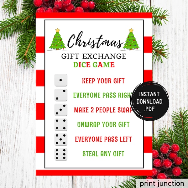 Gift Exchange Game - Christmas Dice Game - Christmas Games Printable - Holiday Party Games - Christmas Printables - Instant Download