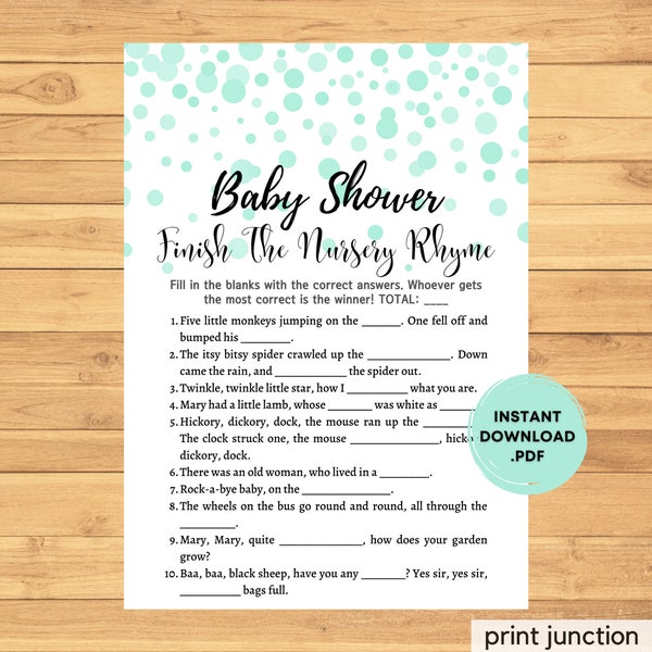 Nursery Rhymes - Nursery Rhyme Quiz - Nursery Rhyme Game - Finish The Nursery Rhyme - Mint Green Gender Neutral Baby Shower - Printable Game