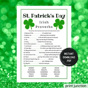 St Patricks Day Trivia, Irish Proverbs Game, St Patrick&#39;s Trivia Game, Fun St Pattys Day, St Paddys, St Pats, Party Games, Instant Download