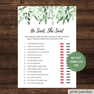 He Said She Said Bridal Shower Game - Bride Or Groom Game - Bride Groom Game - Guess Who Said It Bride Game - Greenery Bridal Shower Games