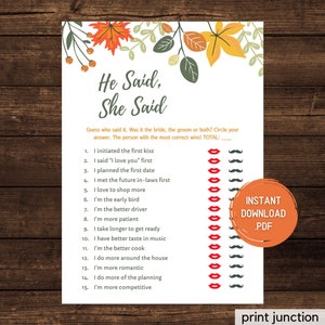 Fall Bridal Shower Games - Autumn Bridal Shower Games - He Said She Said Bridal Shower Game - Bride Or Groom - Guess Who Said It Bride Game