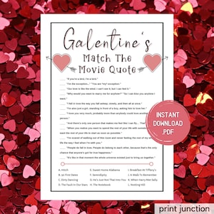 May include: A printable Galentine's Day game with a pink heart and arrow. The game is a matching game where players match movie quotes to the movie they are from. The game includes a list of movie titles and a list of movie quotes. The game is designed to be printed and played with friends.