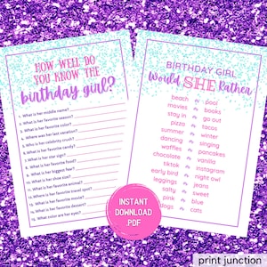 Teen Sleepover Birthday Party Games - Would She Rather - How Well Do You Know The Birthday Girl - Printable Birthday Game - Instant Download