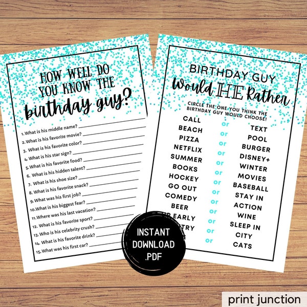 Adult Birthday Party Games, Would He Rather, How Well Do You Know The Birthday Boy, Birthday Guy, 30th Birthday Games, Instant Download