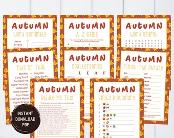 May include: A collection of printable autumn-themed games, including a word scramble, A-Z game, word search, and more. The games feature a brown and orange color scheme with fall leaf borders. The image also includes pumpkins and fall foliage.