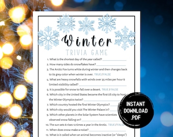 May include: A printable winter trivia game with 14 questions. The questions are about winter, snow, and the Arctic. The game is designed to be played with friends and family.