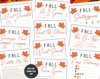 May include: A set of printable fall-themed game cards featuring various activities like word scrambles, scavenger hunts, word searches, trivia, and emoji games. The cards are decorated with orange and brown autumn leaves.