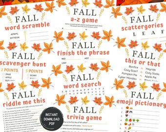 May include: A printable set of fall-themed party games, including a word scramble, scavenger hunt, riddle, word search, trivia game, finish the phrase, scattergories, and emoji pictionary. The games are decorated with fall leaves in orange, yellow, and red.