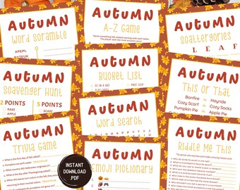 May include: A set of printable autumn-themed game cards with a brown background and yellow leaf accents. The games include word scramble, scavenger hunt, trivia, A-Z game, bucket list, word search, scattergories, this or that, emoji pictionary, and riddle me this.