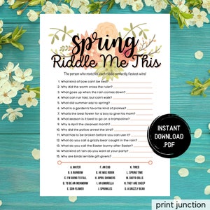 May include: A printable spring-themed riddle game with a floral design. The game includes 15 riddles with answer choices listed below. The text "Instant Download .PDF" is in a white box with a pink border.