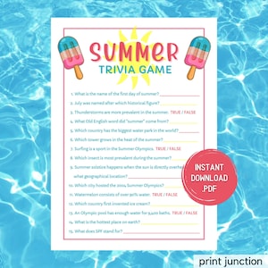 Summer Trivia Game, Printable Summer Games, Summertime Activities, Fun Summer Games, Family Games, Family Reunion Games, Instant Download