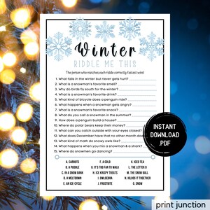 Winter Riddle Trivia Game: Printable Holiday Activity (Instant Download)