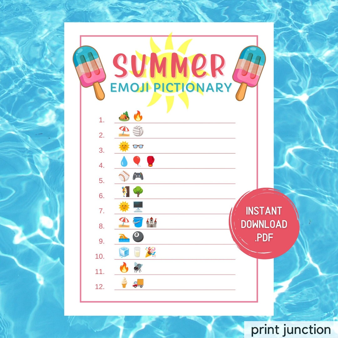 Summer Emoji Pictionary Game, Summertime Activities, Printable Summer