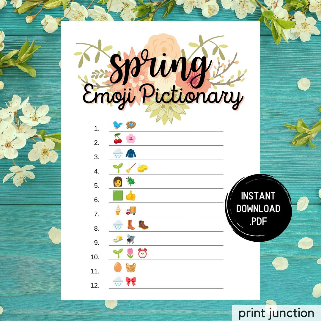 Spring Emoji Pictionary Game, Printable Springtime Games, Fun Spring