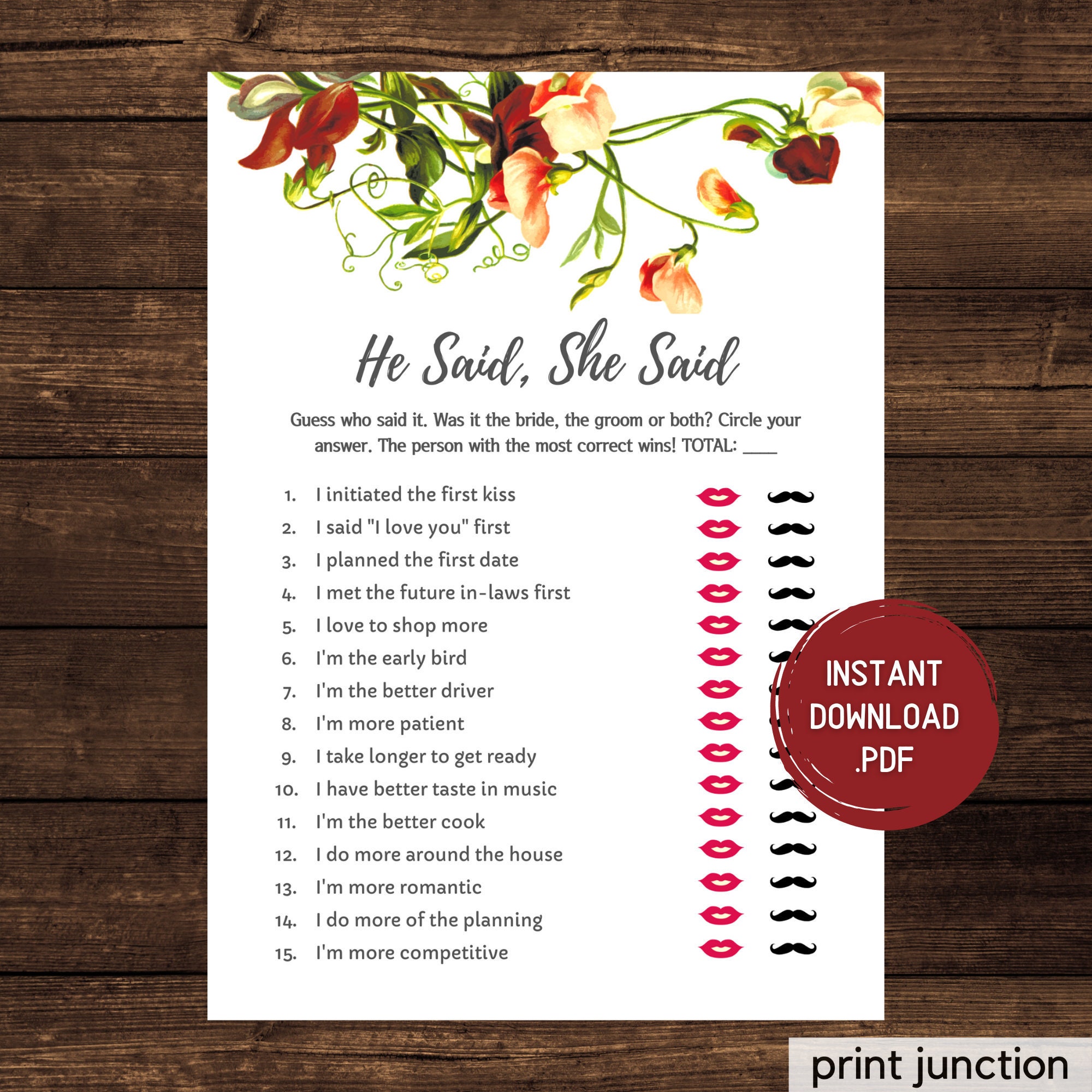 He Said She Said Bridal Shower Game Garden Bridal Shower Game Etsy