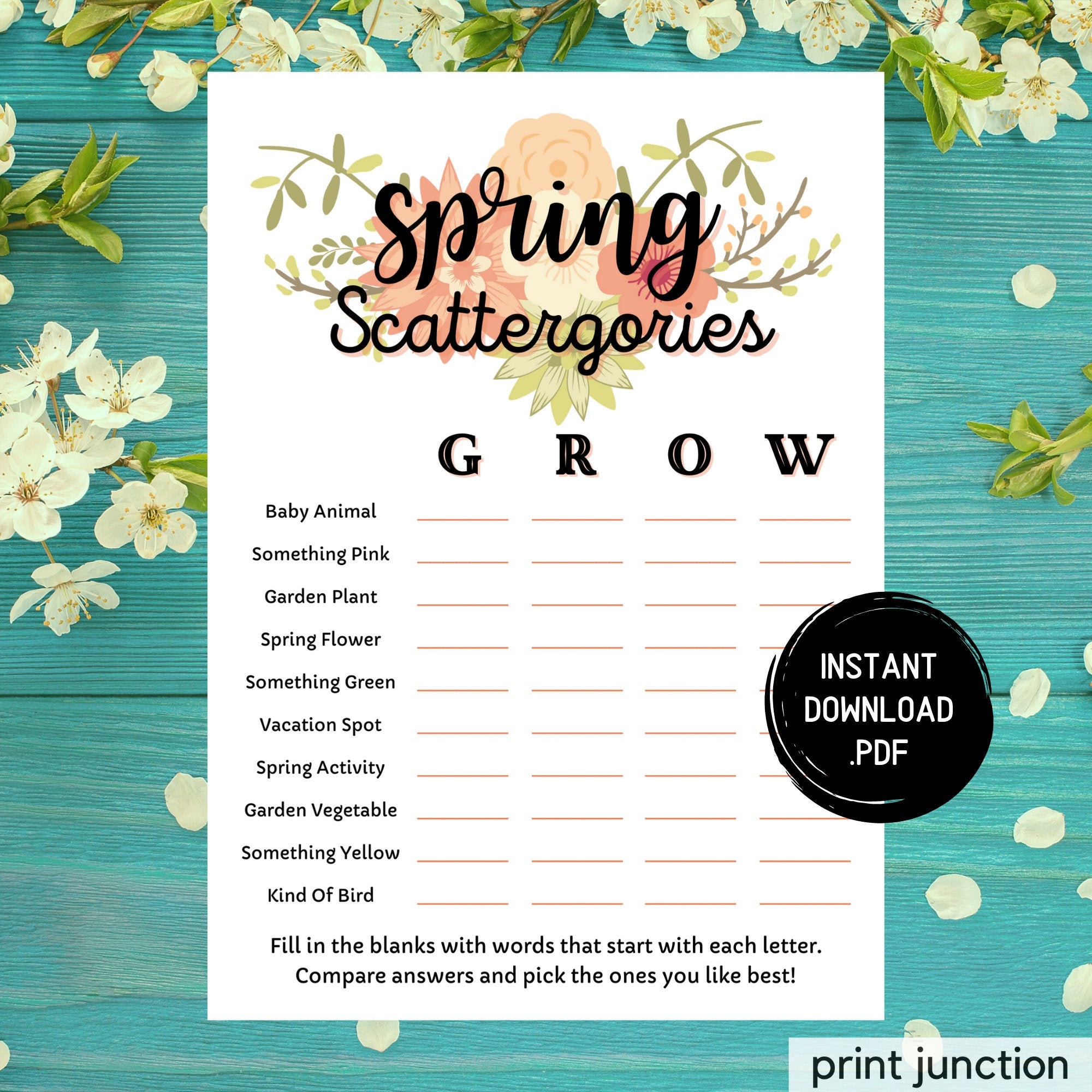 Spring Scattergories, Spring Games, Printable Springtime Games, Party