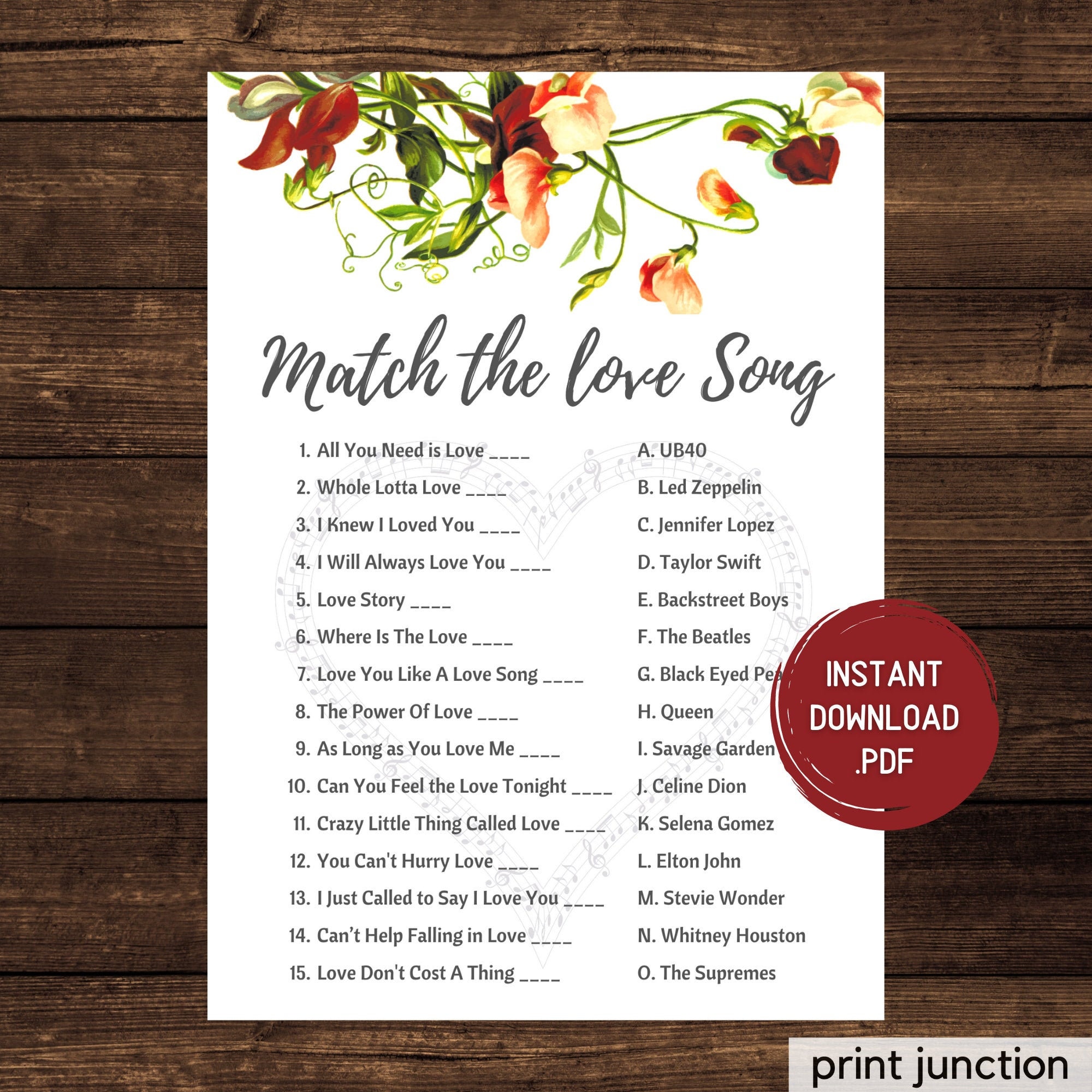 Match the Love Song Bridal Shower Game, Virtual Bridal Shower Games
