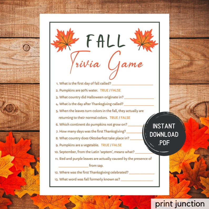 Fall Trivia Game, Thanksgiving Trivia Game, Fall Printable Games, Fun Thanksgiving Trivia Game, Friendsgiving Games, Instant Download