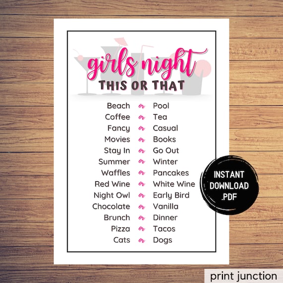 This Or That Girls Night Games Would You Rather Ladies | Etsy