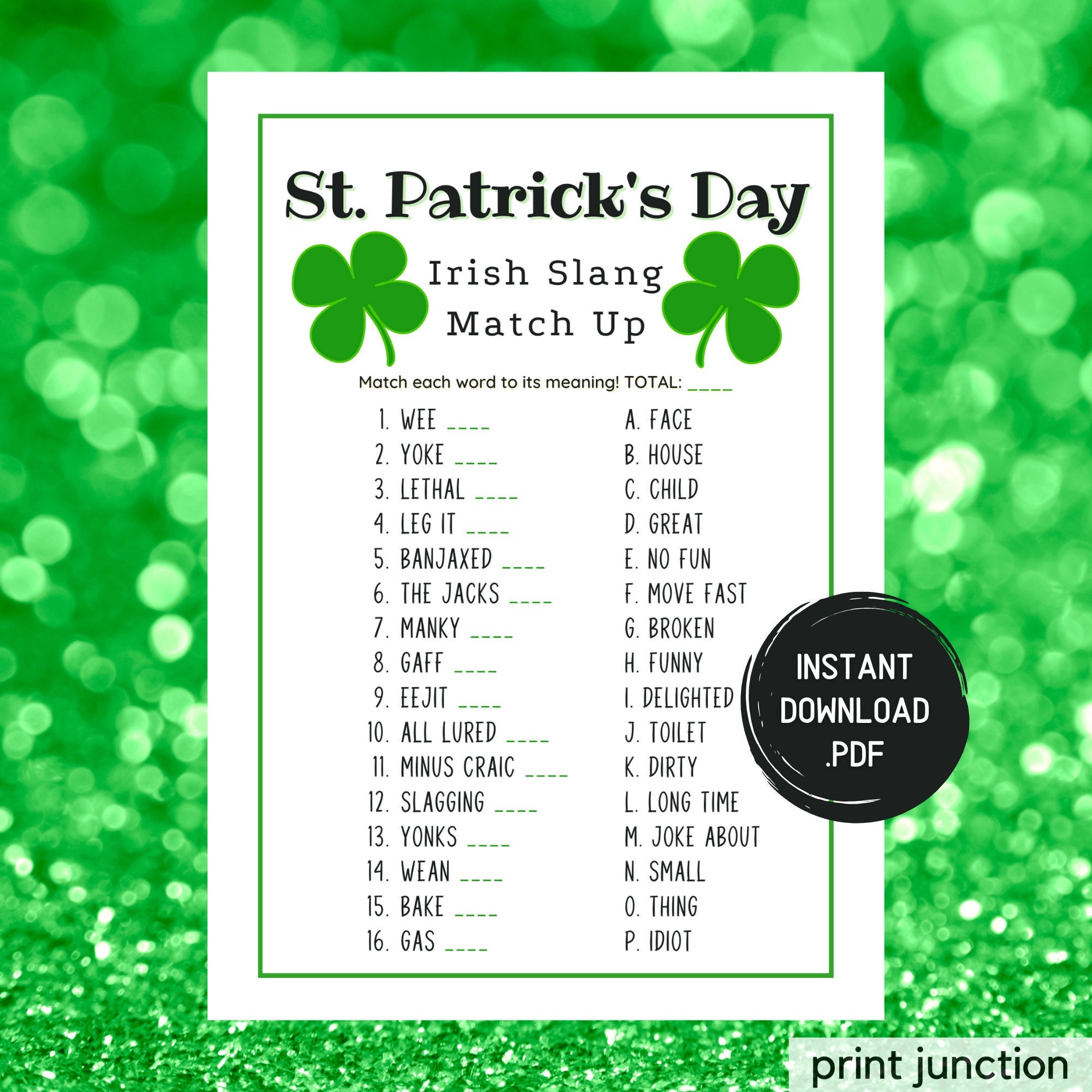 St Patricks Day Irish Slang Match Up, St Patrick's Printable Game for