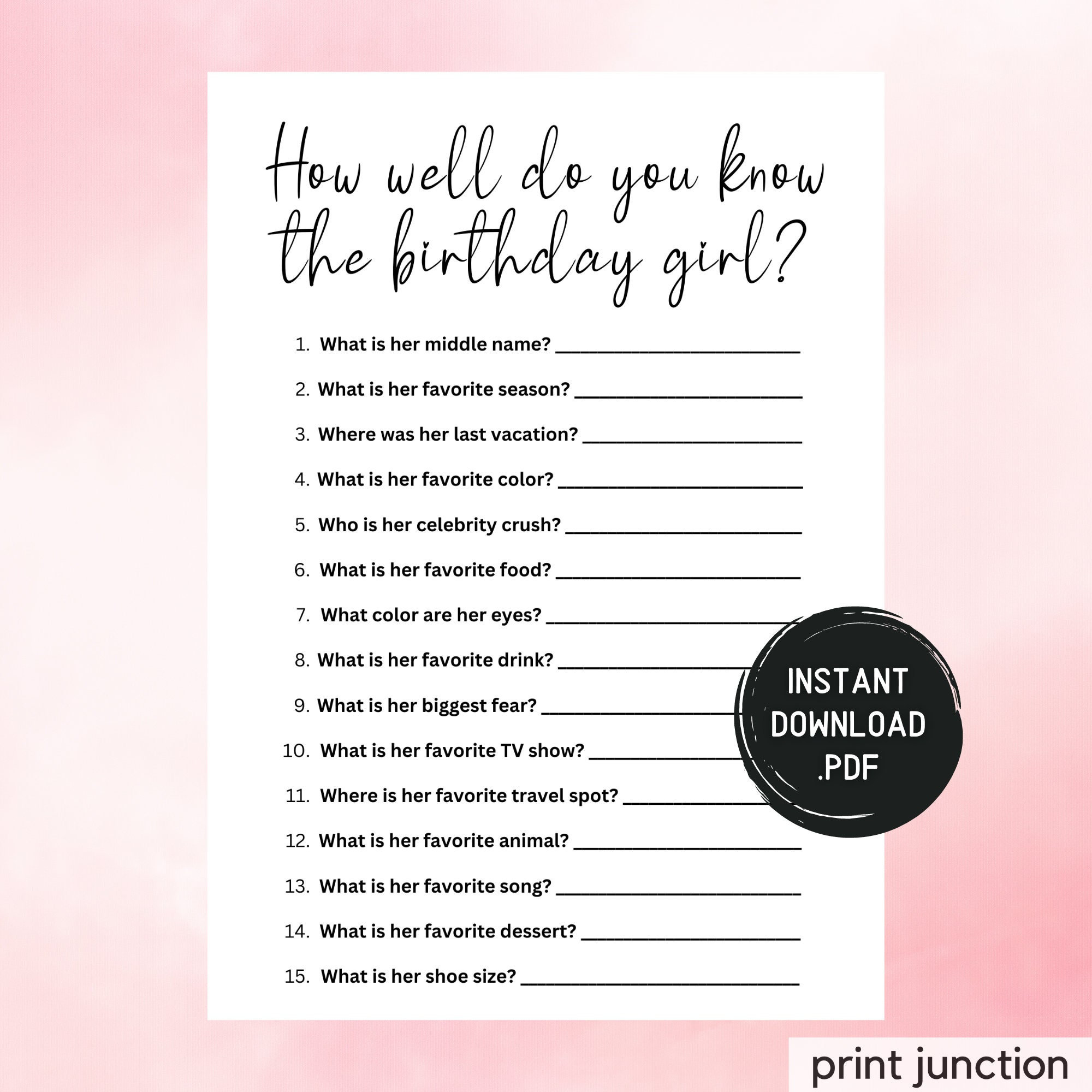How Well Do You Know The Birthday Girl, Who Knows The Birthday Girl Best, Birthday Quiz, Girl Birthday Party Game, Activity, 30th Birthday