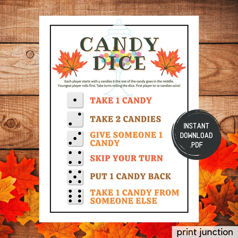Candy Dice Game Fall Game Printable Fall Family Game Fall Etsy