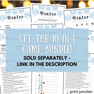 May include: A collection of printable winter-themed games for kids. The games include a word scramble, a scattergories game, an A-Z game, a true or false quiz, an emoji pictionary, and a 10 in 1 game bundle. The games are all designed to be fun and educational, and they are perfect for a winter party or classroom activity.