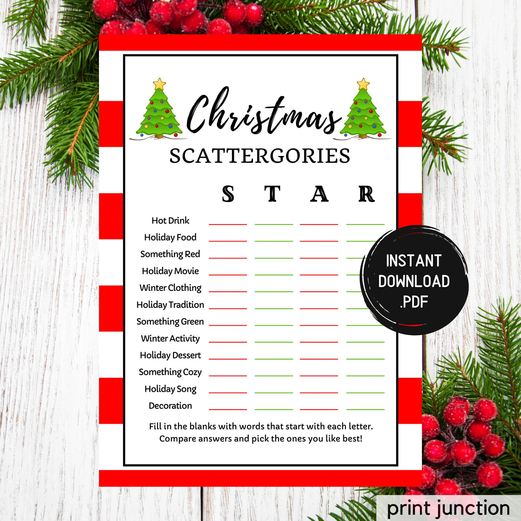 Printable Christmas Scattergories Game Christmas Party Games Holiday ...