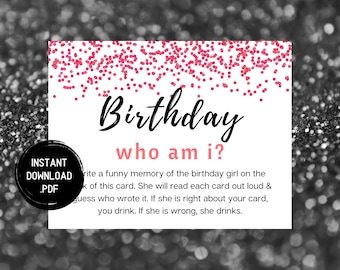 Who Am I Birthday Game: Pink Party Memory Cards (Digital Download)