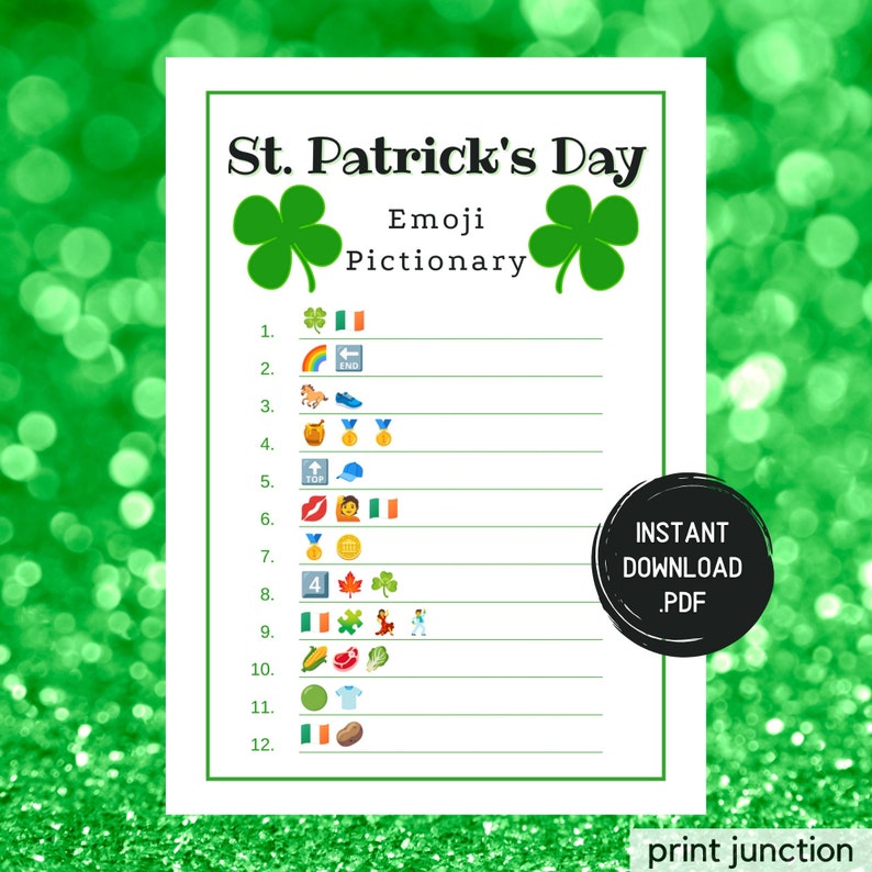 St Patricks Day Emoji Pictionary Game, St Patricks Emoji Game, Fun St Pattys Printable Games, St Patrick's Day Games, Instant Download