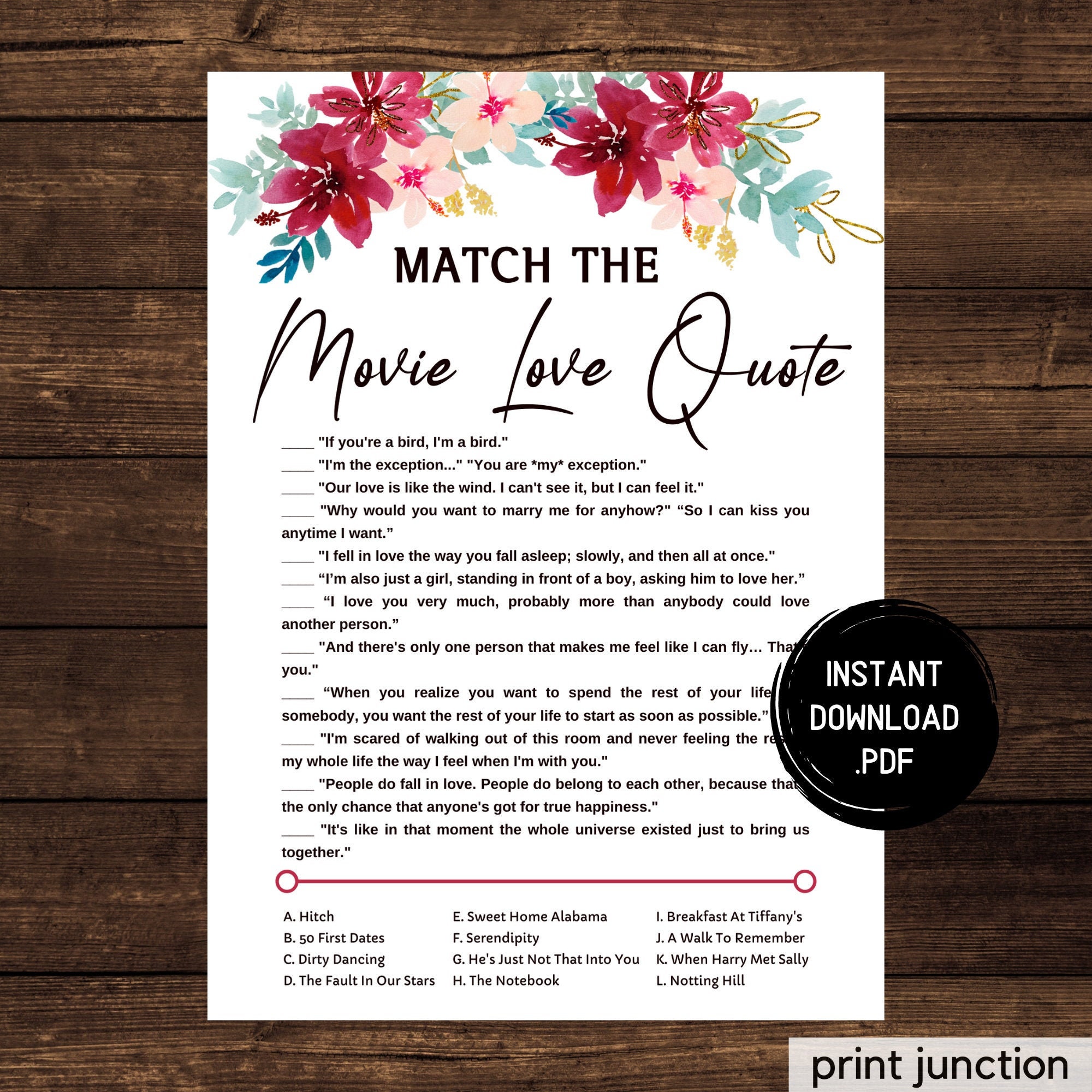 Marsala Movie Matching Game, Famous Love Quote Movie Game, Marsala Bridal Shower Games, Bridal Shower Activity Idea, Instant Download