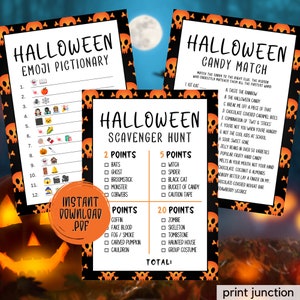 Puede incluir: Tres tarjetas de juego de Halloween imprimibles con instrucciones para Emoji Pictionary, Candy Match y B&uacute;squeda del Tesoro. Las tarjetas est&aacute;n decoradas con calaveras y calabazas naranjas y negras.