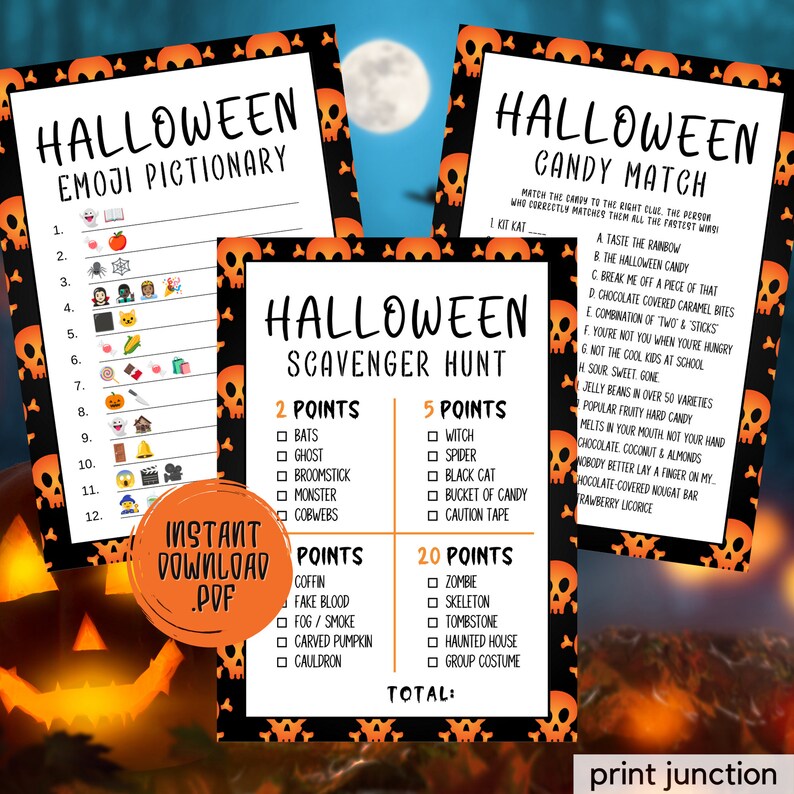 Puede incluir: Tres tarjetas de juego de Halloween imprimibles con instrucciones para Emoji Pictionary, Candy Match y B&uacute;squeda del Tesoro. Las tarjetas est&aacute;n decoradas con calaveras y calabazas naranjas y negras.