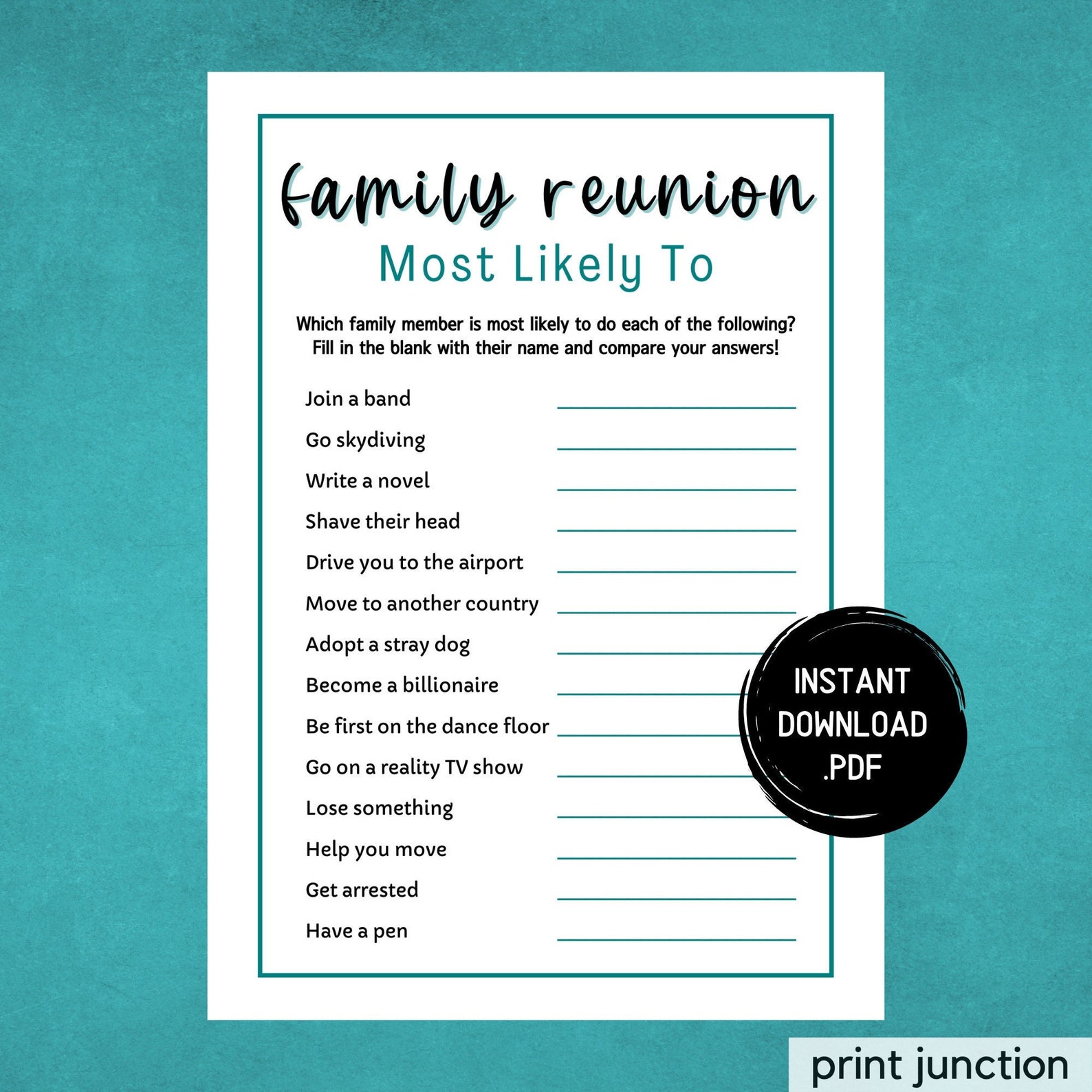 Family Reunion Most Likely to Party Game, Family Gathering Activity