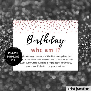Who Am I Birthday Game Rose Gold, Favorite Memory, Printable Birthday Party Games, Memories Of The Birthday Girl Game, Instant Download