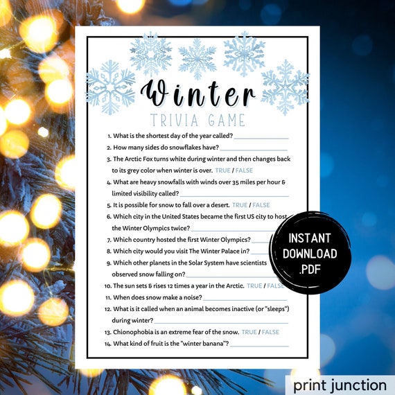 Winter Trivia Game, Printable Holiday Activity, Winter Games, Winter Party Games, Games For Kids Adults Families Groups, Office Party Games