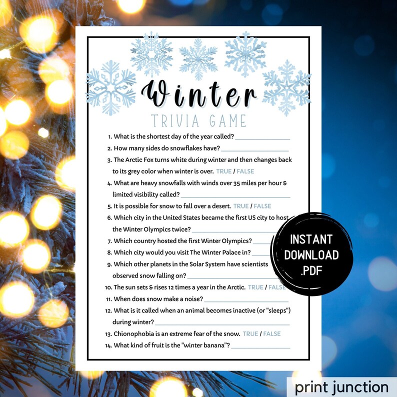 Winter Trivia Game, Printable Winter Games, Wintertime Activities, Fun Winter Games, Holiday Trivia, Christmas Trivia, Instant Download