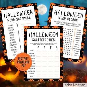 Puede incluir: Un conjunto de tres tarjetas de juego de Halloween imprimibles con un patr&oacute;n de calavera y huesos cruzados negro y naranja. Los juegos son: Sopa de letras, B&uacute;squeda de palabras y Scattergories. El texto en las tarjetas es blanco.