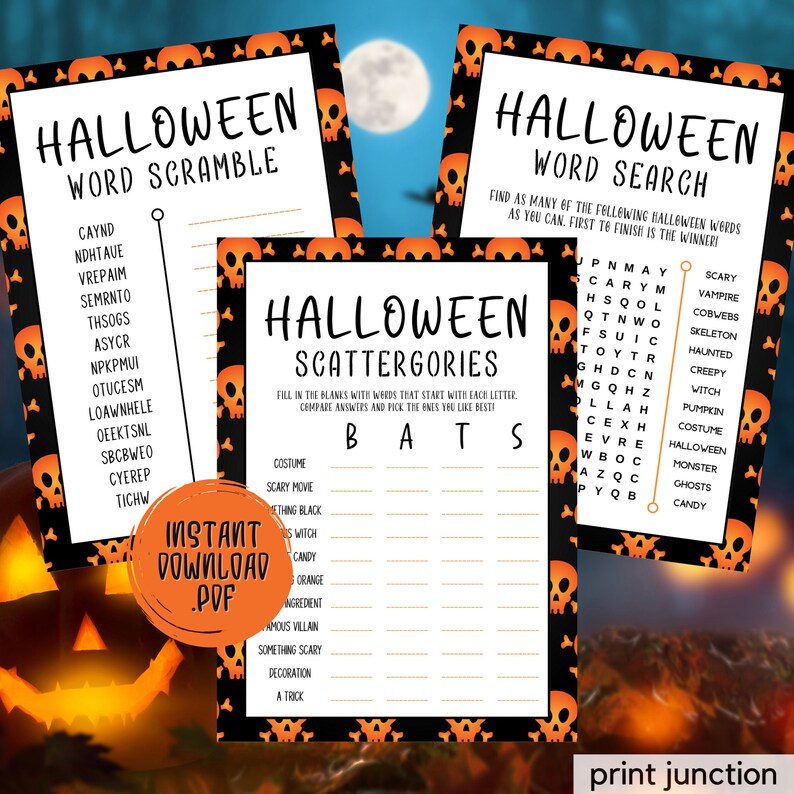 Puede incluir: Un conjunto de tres tarjetas de juego de Halloween imprimibles con un patr&oacute;n de calavera y huesos cruzados negro y naranja. Los juegos son: Sopa de letras, B&uacute;squeda de palabras y Scattergories. El texto en las tarjetas es blanco.