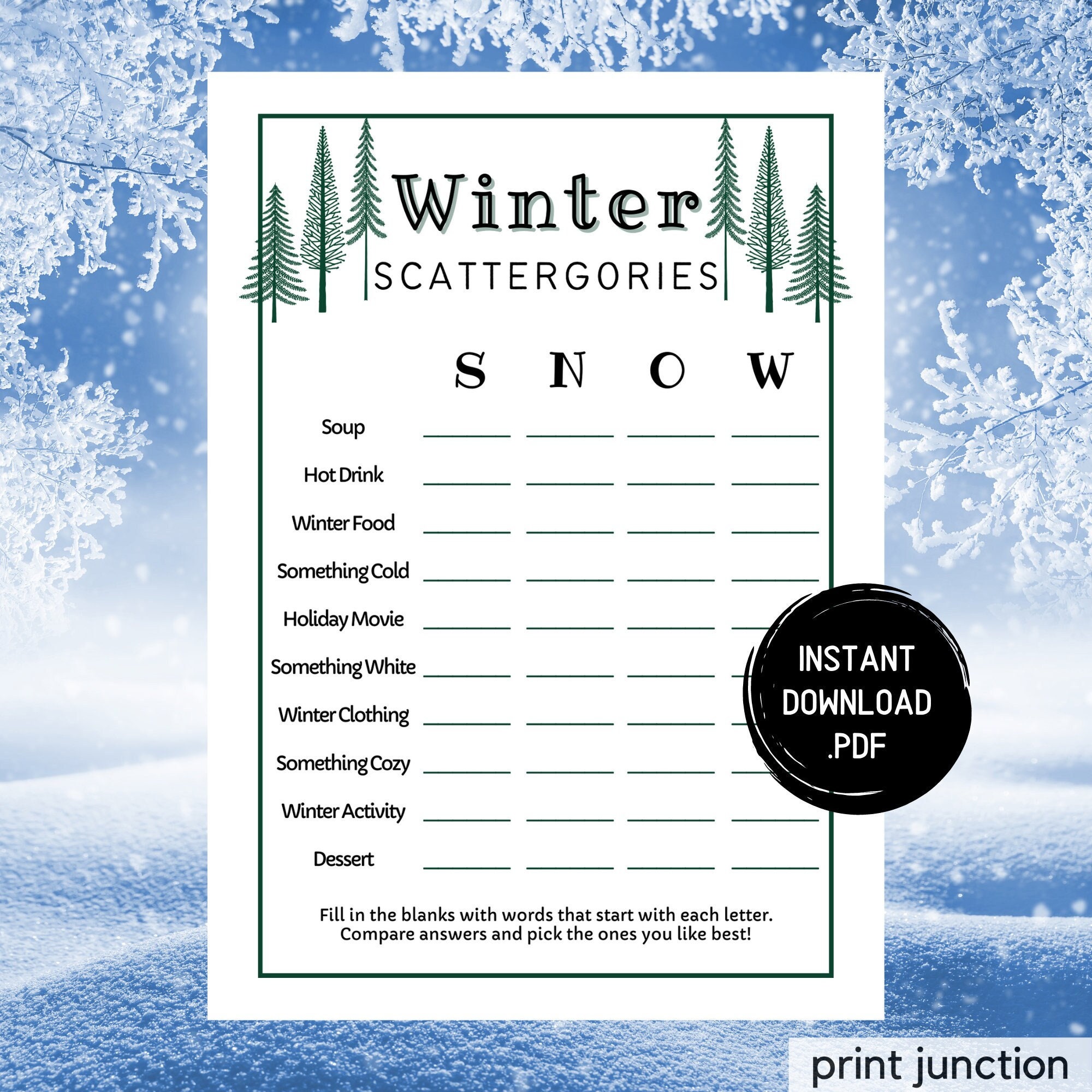 Winter Scattergories Game, Winter Printable Games, Wintertime Activities, Winter Party Game, Games For Kids, Word Games, Instant Download