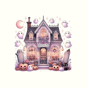 Haunted Fall Bookstore PNG, Trendy Cute Halloween Spooky Ghosts Cozy Bookish Library Sublimation Design for Stickers and Shirts
