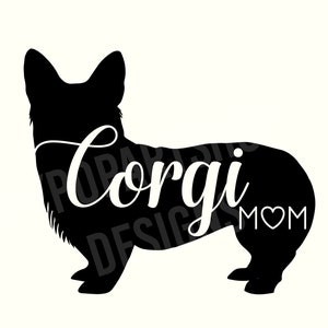 May include: Black silhouette of a Corgi dog with the text "Corgi Mom" and a heart symbol.