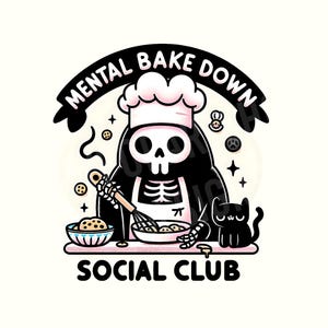 Club social PNG con un horno mental, diseño de sublimación de esqueleto kawaii para cocinar, descarga digital de camiseta de chef bruja y cocinero con calavera para hornear