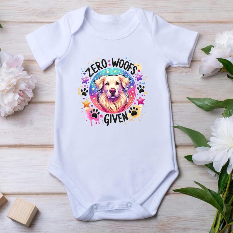 May include: White baby onesie with a colorful graphic of a golden retriever dog with the text "Zero Woofs Given" in a rainbow font.