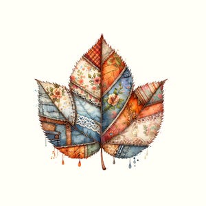 Puede incluir: Ilustración en acuarela de una hoja compuesta por telas de patchwork. La hoja presenta mezclilla, estampados florales, encaje y cuadros en tonos azules, naranjas y rojos. La hoja tiene un tallo marrón y gotas de agua.