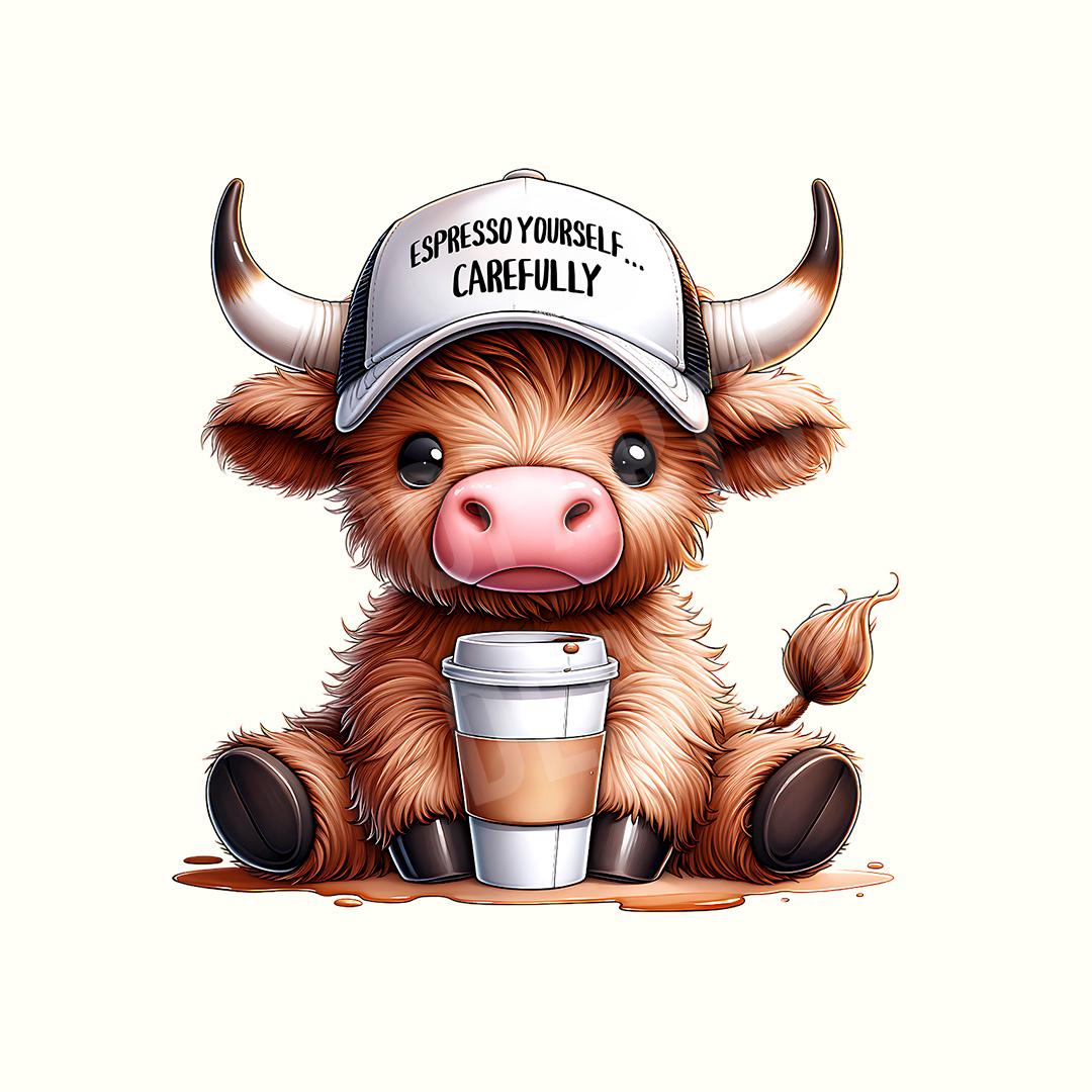 Grumpy Highland Cow Png, Cranky Coffee Lover Png, Fluffy Cow Grumpy Humor Graphic Sublimation Design, Cow Lover Png