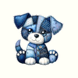 Könnte beinhalten: Eine charmante Illustration eines Patchwork-Welpen in Blautönen. Das Stofftier besteht aus Denim- und Stoffflicken, mit Knöpfen und einem freundlichen Gesichtsausdruck. Der Welpe sitzt mit nach vorne gerichteten Pfoten und aufgestellten Ohren vor weißem Hintergrund.